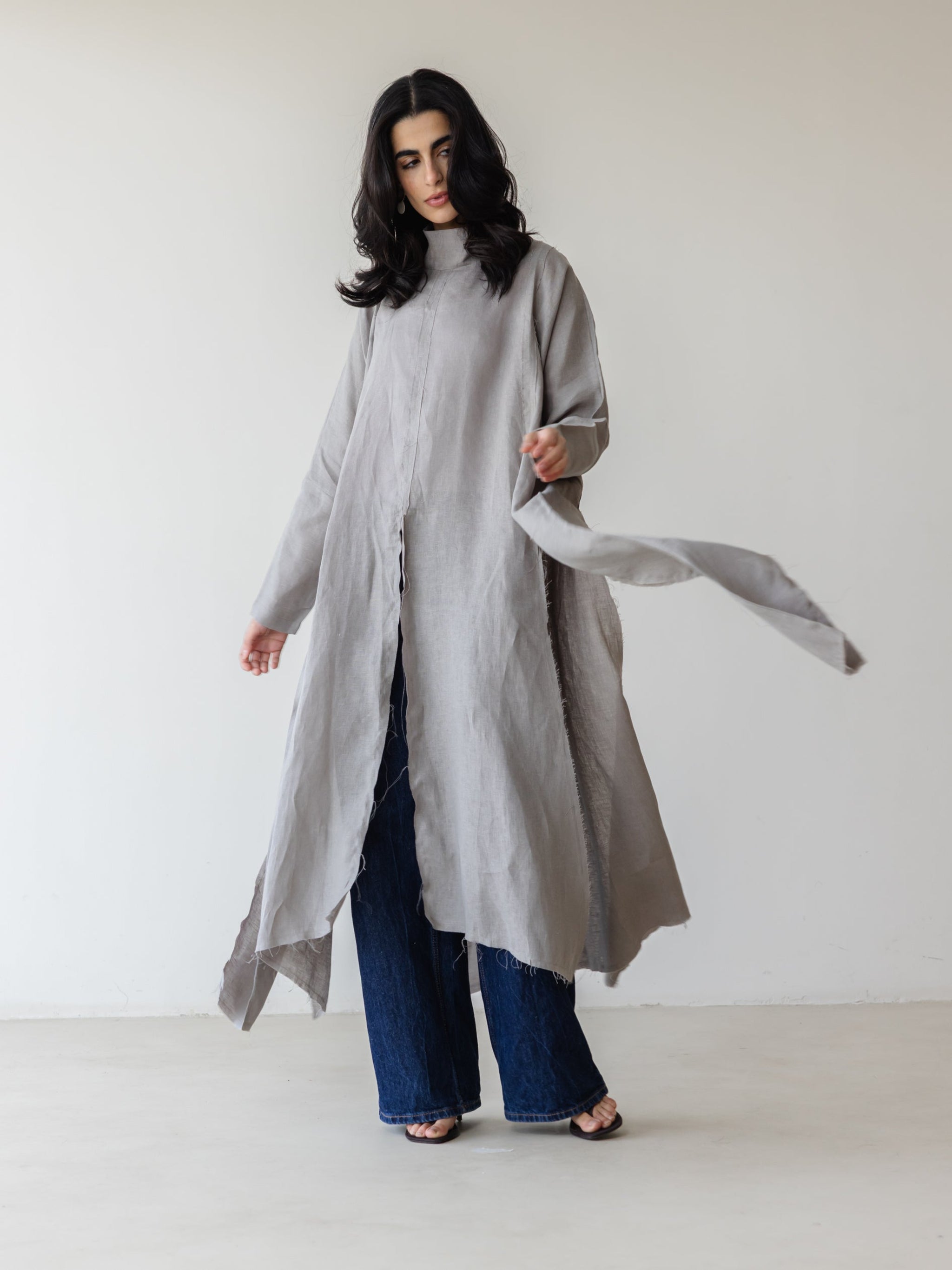 Linen Dress with Side Slits - Mint Grey