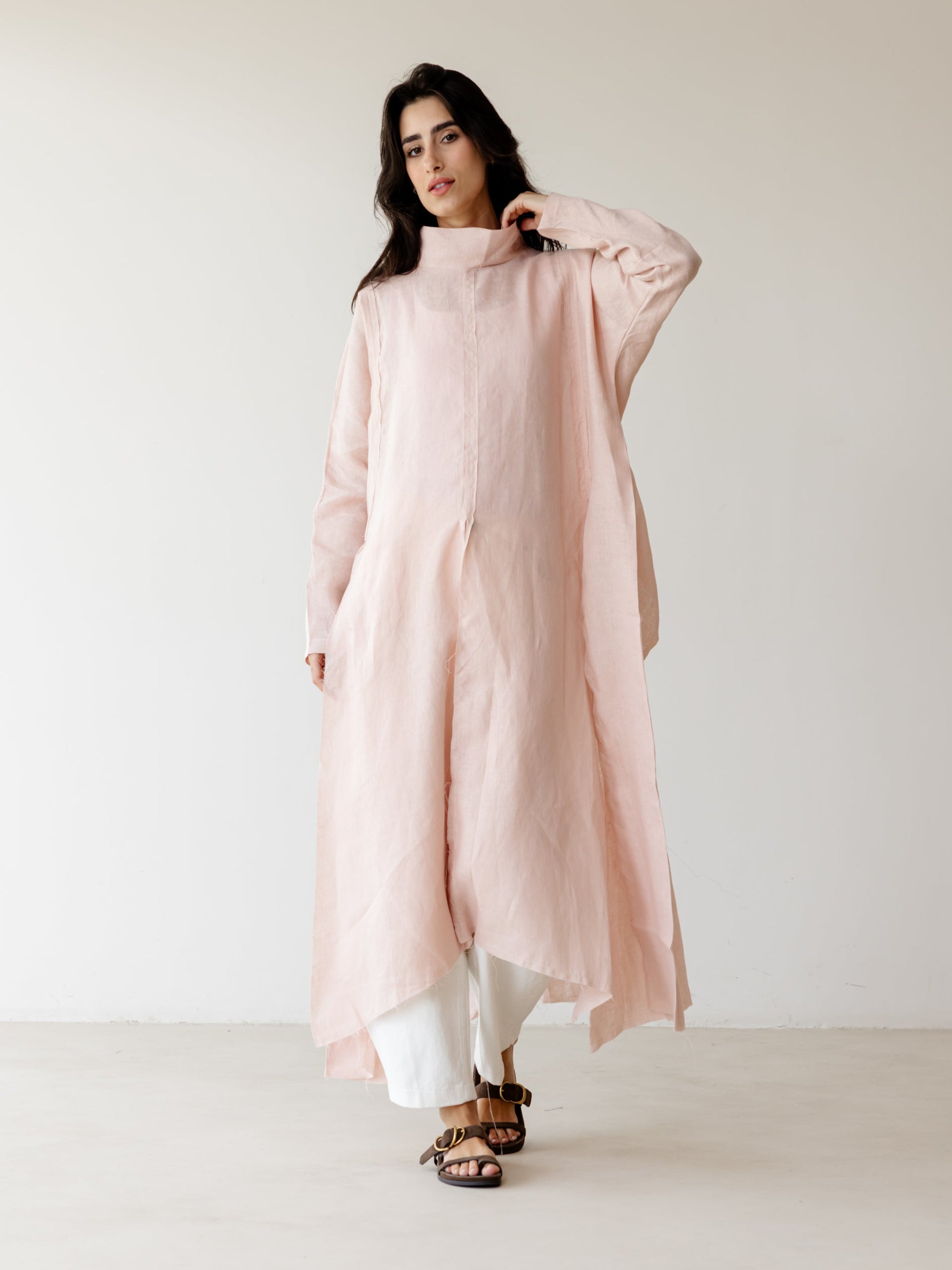 Linen Dress with Side Slits - Rose